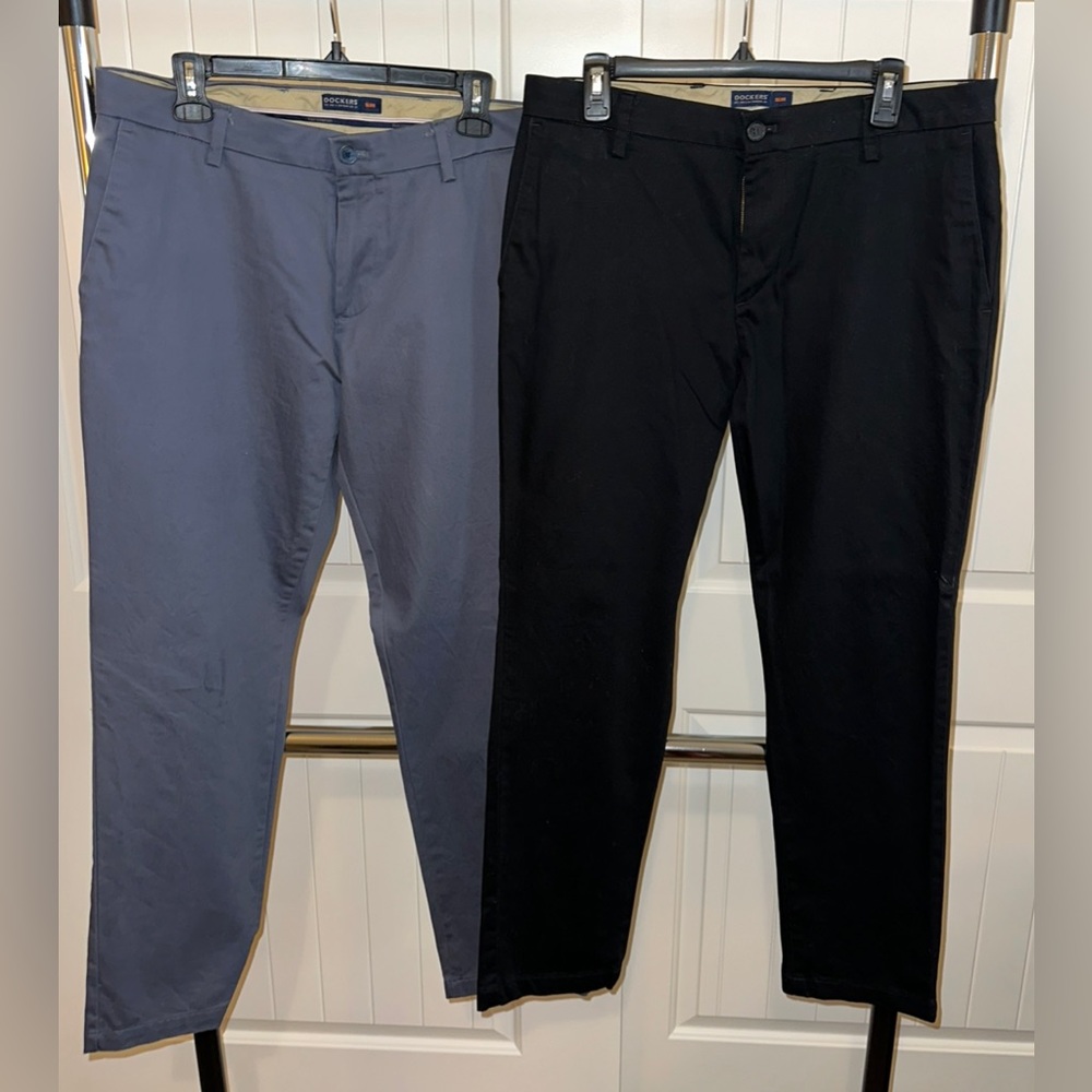 Dockers, slim fit khaki style. Flex Comfort in black and grayish blue.